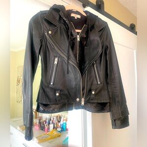 IRO Black Leather Moto Jacket with Sequin Detail